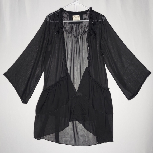Mia Joy Joy Folie Sheer Duster Cardigan OSFM Black Beaded Ruffle Flared Witchy